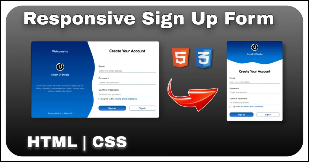 Responsive signup form with 2 section layout using HTML CSS